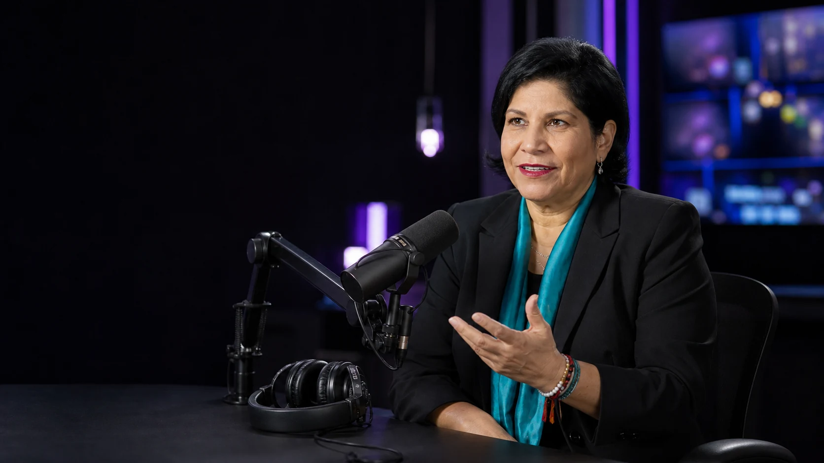 Claudia durante una conversación en estudio de podcast